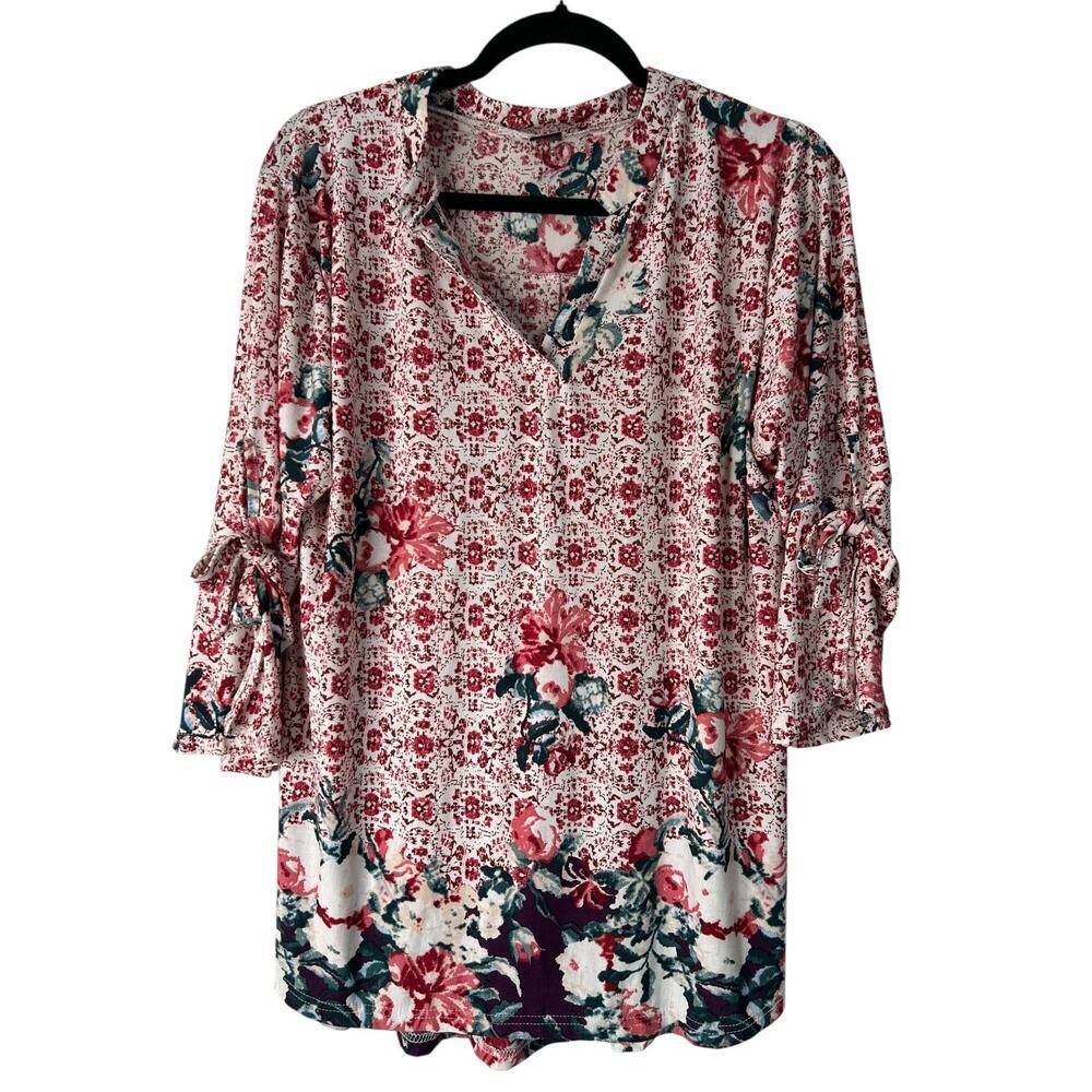 Lildy Top Womens Size L-XL Split Sleeve Plaid Tunic Floral Boho Bohemian Peasant